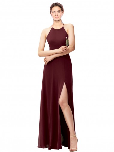 Boutique Bordeaux foncé Trapèze Licou Col Haut Mousseline Longue Robes demoiselle d'honneur