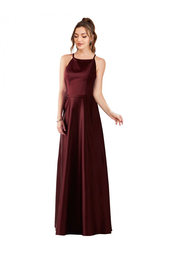 Boutique Bordeaux foncé Trapèze Licou Satiné Longue Robes demoiselle d'honneur / Robes de bal