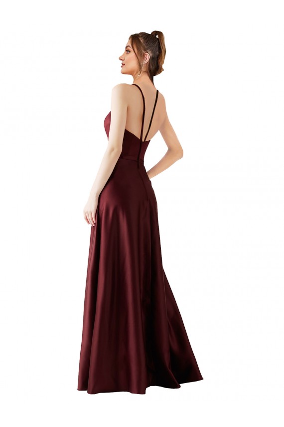 Boutique Bordeaux foncé Trapèze Licou Satiné Longue Robes demoiselle d'honneur / Robes de bal