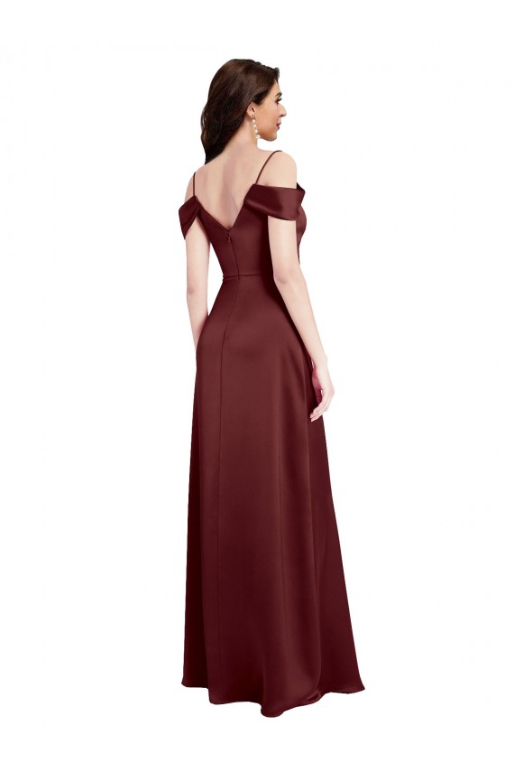 Boutique Bordeaux foncé Trapèze Épaule Dénudée Col V Satiné Stretch Longue Formelles Robes demoiselle d'honneur / Robes de soirée / Robes de bal