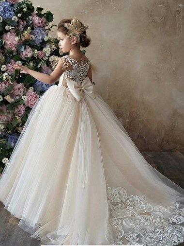 Boutique Champagne Princesse Tulle Dentelle Longue Robes de demoiselle d'honneur - fillette