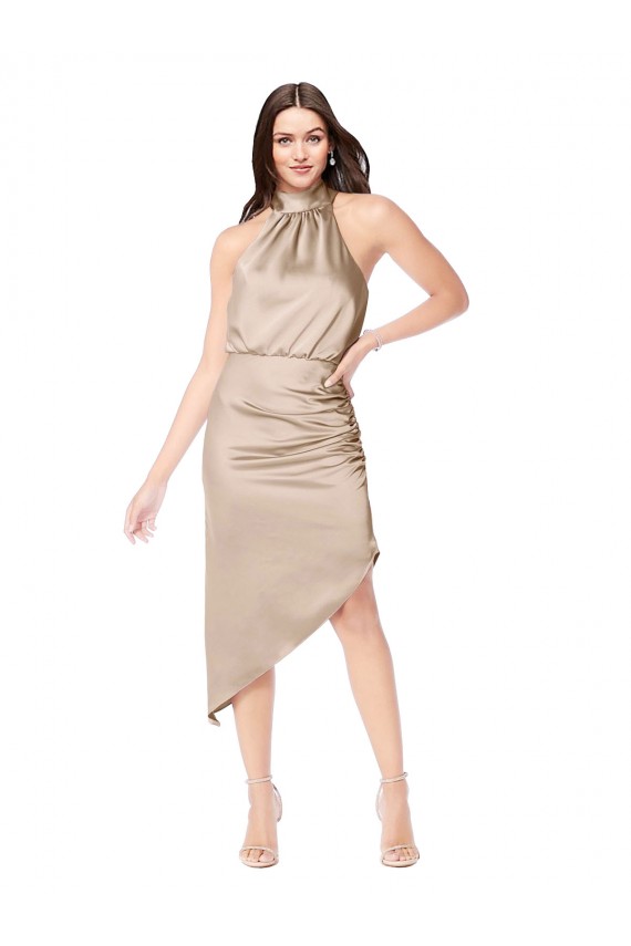 Boutique Champagne Rose Trapèze Licou midi Satiné Soyeux Courte Asymétrique Robes demoiselle d'honneur / Robes de bal / Robes de cocktail