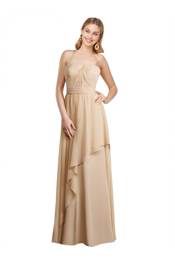 Boutique Champagne Trapèze Bretelles spaghetti Mousseline Longue Robes demoiselle d'honneur