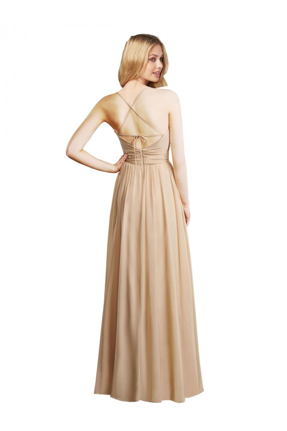 Boutique Champagne Trapèze Bretelles spaghetti Mousseline Longue Robes demoiselle d'honneur