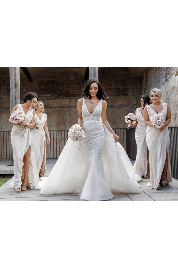 Boutique Champagne Trapèze Col V Mousseline Longue Robes demoiselle d'honneur