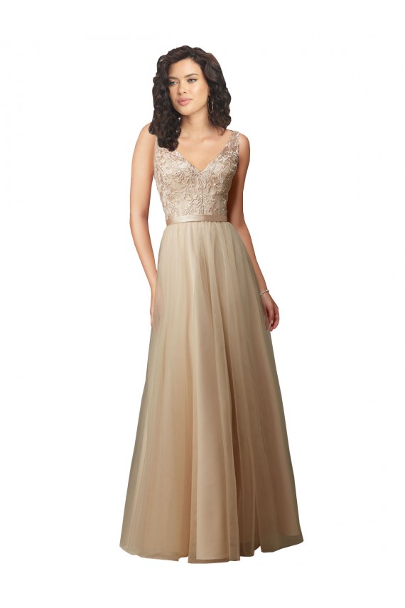 Boutique Champagne Trapèze Col V Tulle Dentelle Longue Robes demoiselle d'honneur