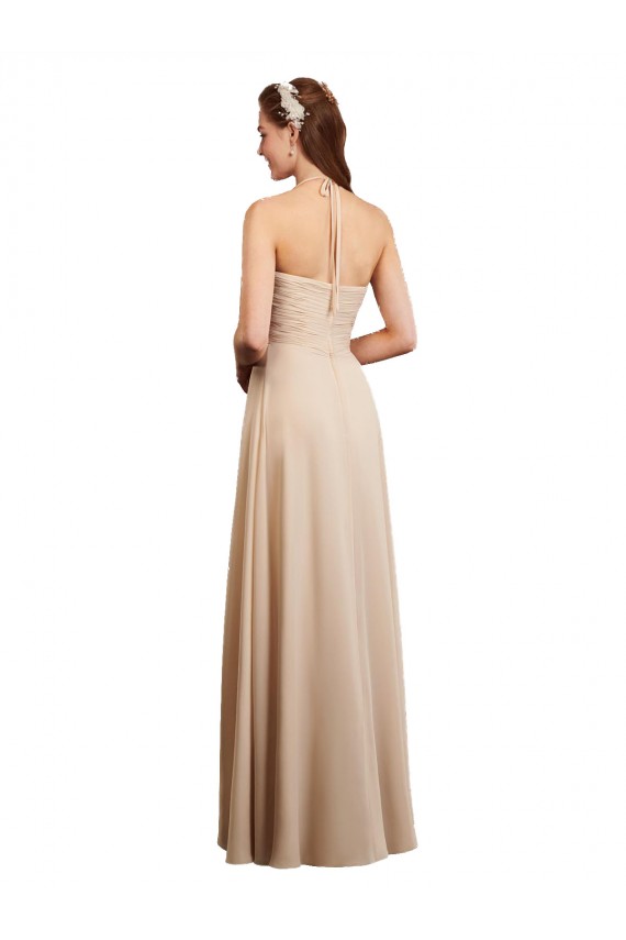 Boutique Champagne Trapèze Licou Mousseline Longue Robes demoiselle d'honneur