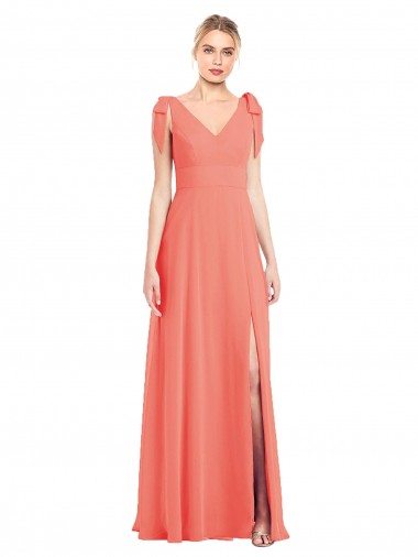 Boutique Corail Trompette Col V Mousseline Longue Robes demoiselle d'honneur