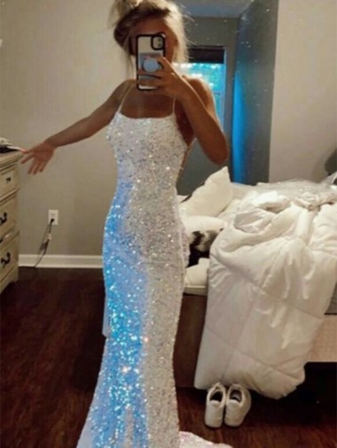 Boutique Couleur affichée Fourreau Bretelles spaghetti Balayage train Paillettes Velours Longue Robes de bal