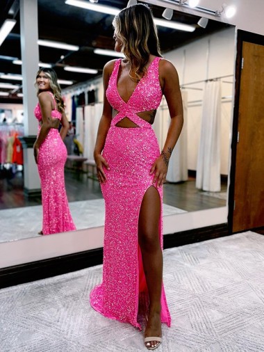 Boutique Couleur affichée Fourreau Col V Balayage train Paillettes Velours Longue Robes de bal