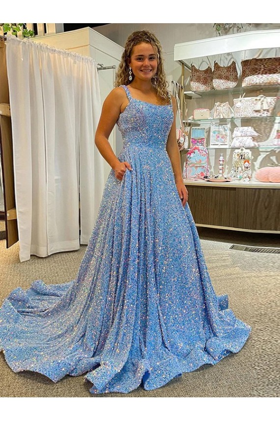 Boutique Couleur affichée Trapèze Scoop Traîne moyenne Paillettes Velours Longue Robes de bal