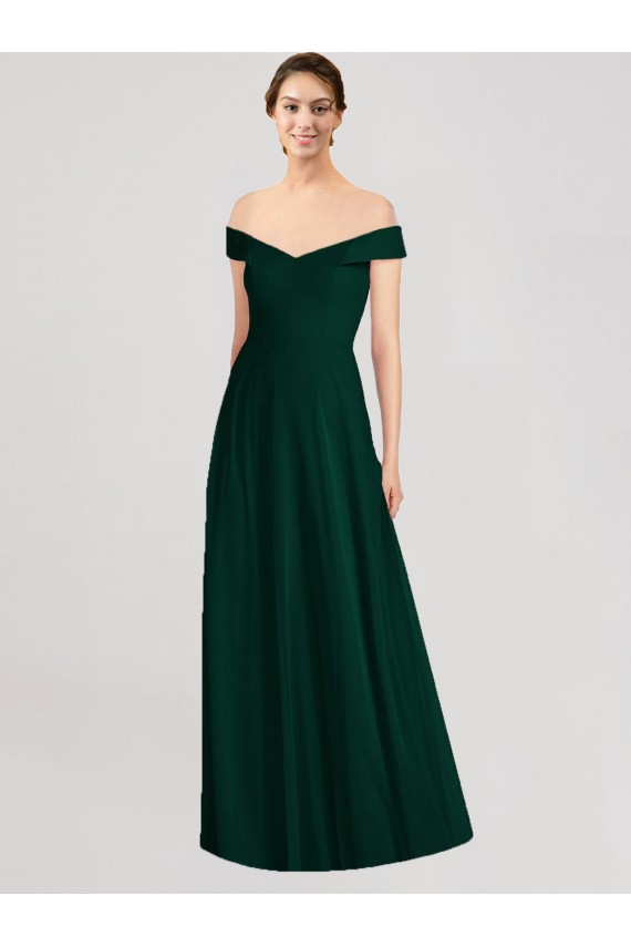 Boutique Evergreen Trapèze Épaule Dénudée Col V Mousseline Longue Robes demoiselle d'honneur
