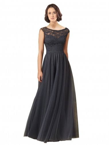 Boutique Gris ardoise Trapèze Bateau Tulle Dentelle Longue Robes demoiselle d'honneur