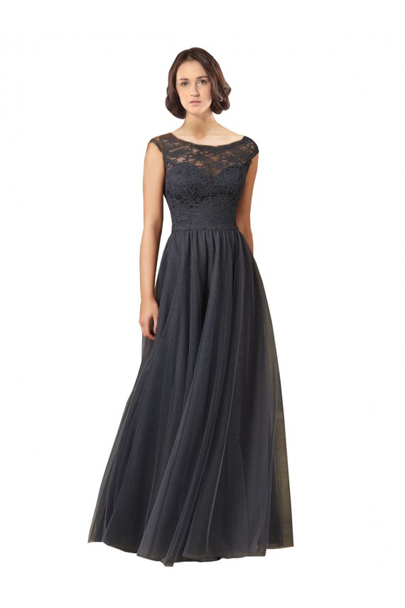 Boutique Gris ardoise Trapèze Bateau Tulle Dentelle Longue Robes demoiselle d'honneur