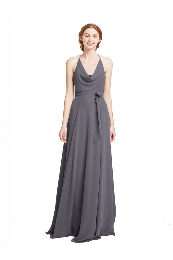 Boutique Gris ardoise Trapèze Bretelles spaghetti Mousseline Longue Robes demoiselle d'honneur