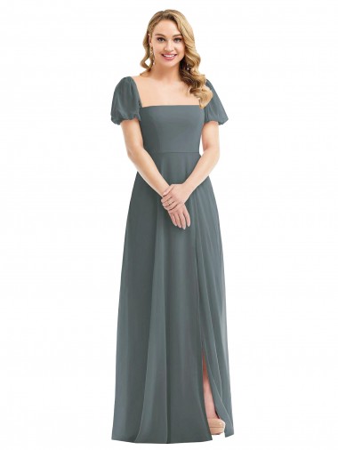 Boutique Gris ardoise Trapèze Col Carré Mousseline Longue Robes demoiselle d'honneur