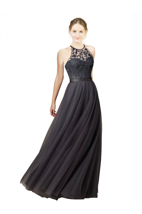 Boutique Gris ardoise Trapèze Tulle Dentelle Longue Robes demoiselle d'honneur