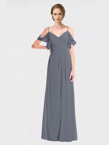 Boutique Gris ardoise Trapèze Épaule Dénudée Col V Mousseline Longue Robes demoiselle d'honneur