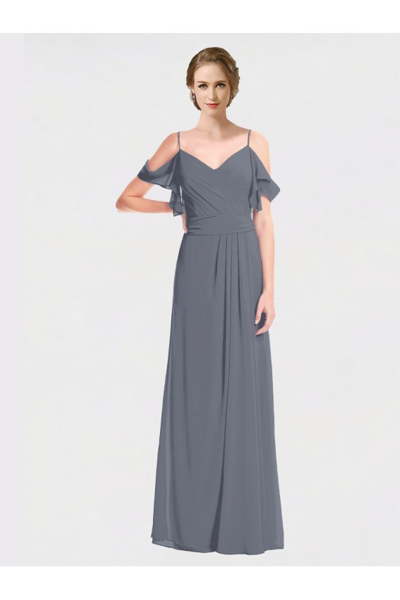 Boutique Gris ardoise Trapèze Épaule Dénudée Col V Mousseline Longue Robes demoiselle d'honneur