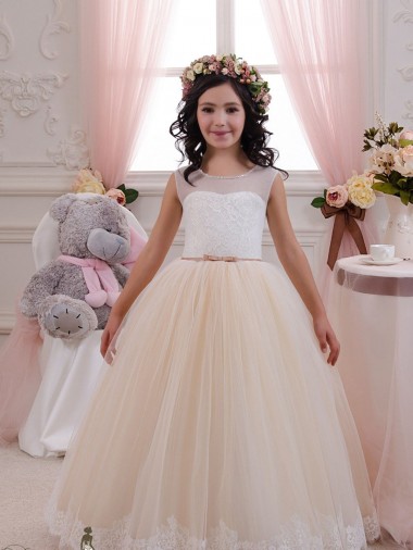 Boutique Ivoire & Champagne Princesse Tulle Dentelle Longue Robes de demoiselle d'honneur - fillette