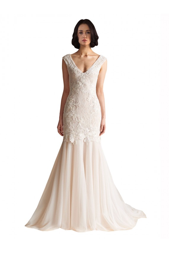 Boutique Ivoire & Champagne Sirène Col V Balayage train Tulle Robes de mariée