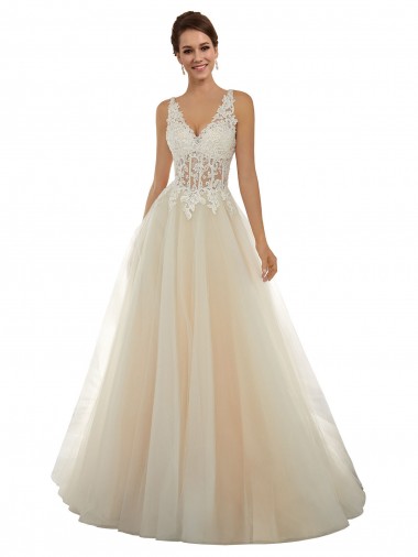 Boutique Ivoire & Champagne Trapèze Col V Tulle Dentelle Classique Robes de mariée