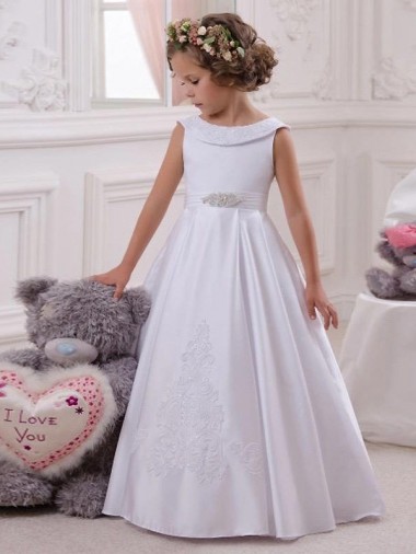 Boutique Ivoire Princesse Bateau Satiné Dentelle Longue Robes de demoiselle d'honneur - fillette