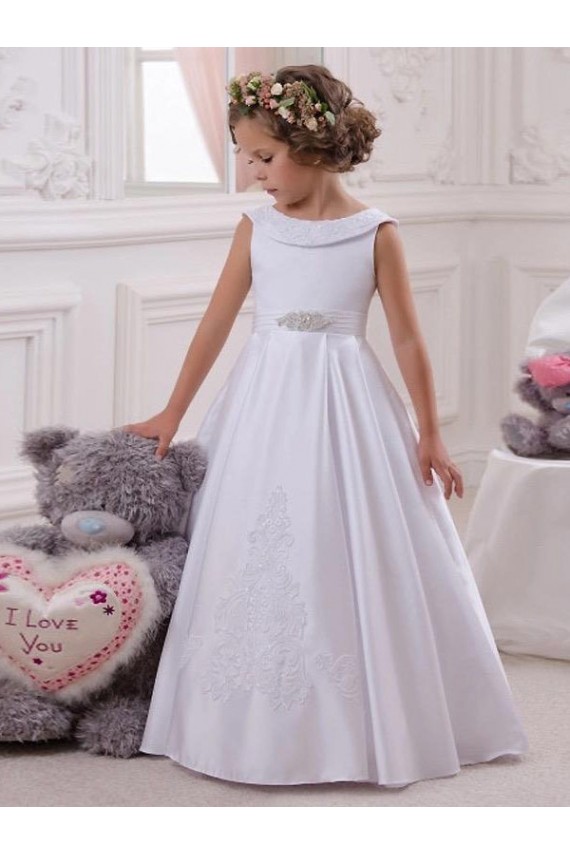 Boutique Ivoire Princesse Bateau Satiné Dentelle Longue Robes de demoiselle d'honneur - fillette