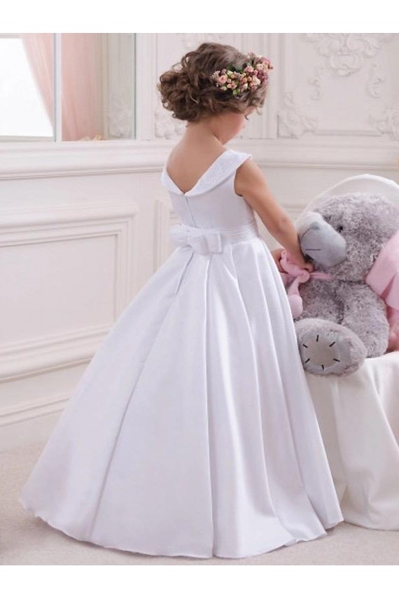 Boutique Ivoire Princesse Bateau Satiné Dentelle Longue Robes de demoiselle d'honneur - fillette