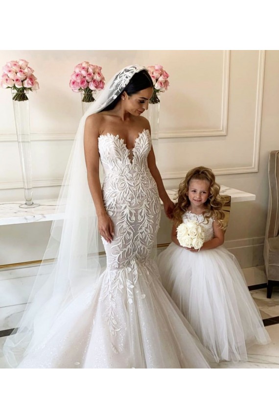 Boutique Ivoire Princesse Bateau Tulle Dentelle Longue Robes de demoiselle d'honneur - fillette