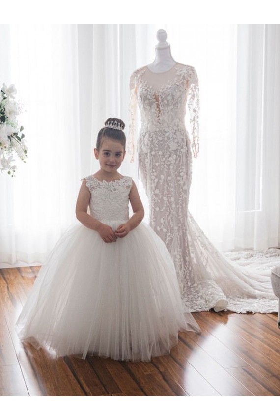 Boutique Ivoire Princesse Bateau Tulle Dentelle Longue Robes de demoiselle d'honneur - fillette