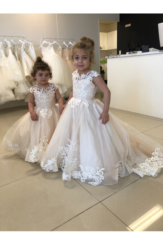 Boutique Ivoire Princesse Bateau Tulle Dentelle Longue Robes de demoiselle d'honneur - fillette