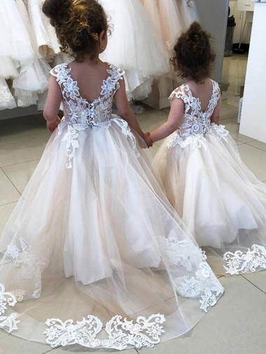 Boutique Ivoire Princesse Bateau Tulle Dentelle Longue Robes de demoiselle d'honneur - fillette