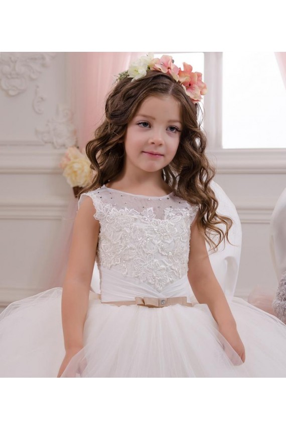 Boutique Ivoire Princesse Bateau Tulle Dentelle Longue Robes de demoiselle d'honneur - fillette