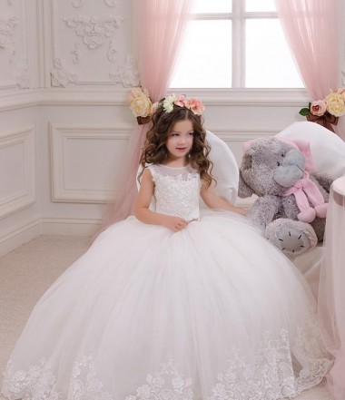 Boutique Ivoire Princesse Bateau Tulle Dentelle Longue Robes de demoiselle d'honneur - fillette