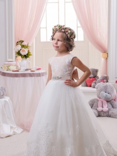 Boutique Ivoire Princesse Bateau Tulle Dentelle Longue Robes de demoiselle d'honneur - fillette