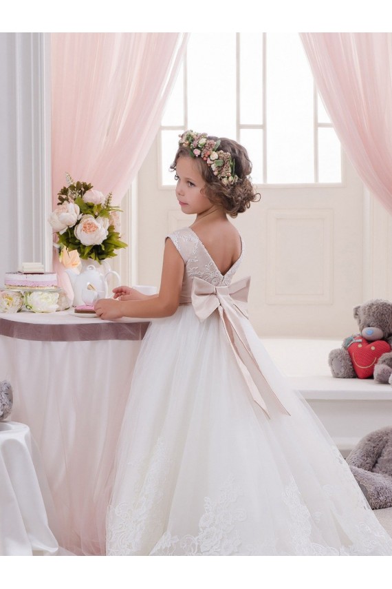 Boutique Ivoire Princesse Bateau Tulle Dentelle Longue Robes de demoiselle d'honneur - fillette