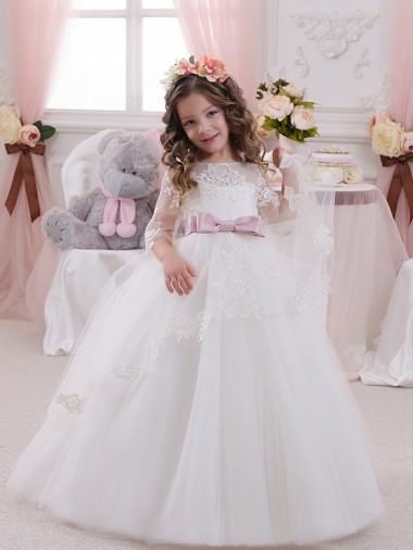 Boutique Ivoire Princesse Bateau Tulle Dentelle Longue Robes de demoiselle d'honneur - fillette