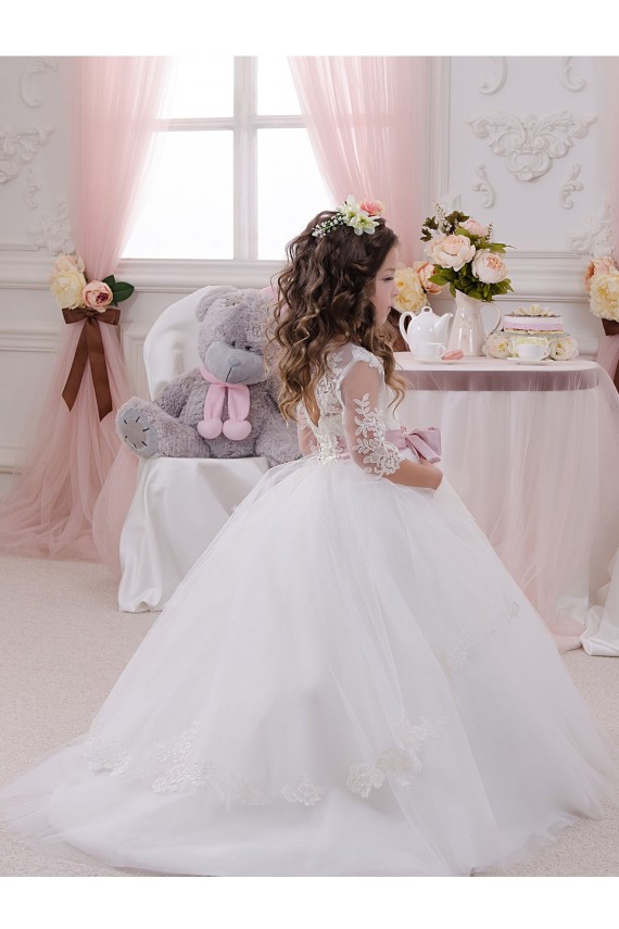 Boutique Ivoire Princesse Bateau Tulle Dentelle Longue Robes de demoiselle d'honneur - fillette