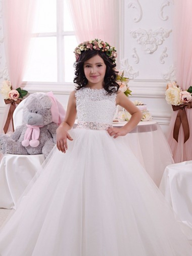 Boutique Ivoire Princesse Bateau Tulle Dentelle Longue Robes de demoiselle d'honneur - fillette