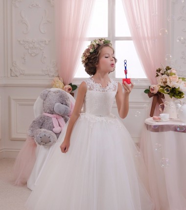 Boutique Ivoire Princesse Col Haut Tulle Dentelle Longue Robes de demoiselle d'honneur - fillette