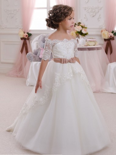 Boutique Ivoire Princesse Col Haut Tulle Dentelle Longue Robes de demoiselle d'honneur - fillette