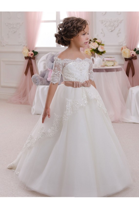 Boutique Ivoire Princesse Col Haut Tulle Dentelle Longue Robes de demoiselle d'honneur - fillette
