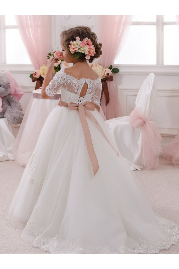 Boutique Ivoire Princesse Col Haut Tulle Dentelle Longue Robes de demoiselle d'honneur - fillette