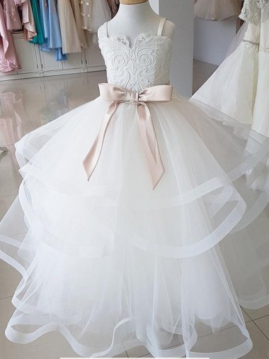 Boutique Ivoire Princesse Col Haut Tulle Dentelle Longue Robes de demoiselle d'honneur - fillette