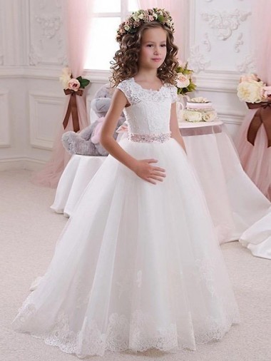 Boutique Ivoire Princesse Col Haut Tulle Dentelle Longue Robes de demoiselle d'honneur - fillette