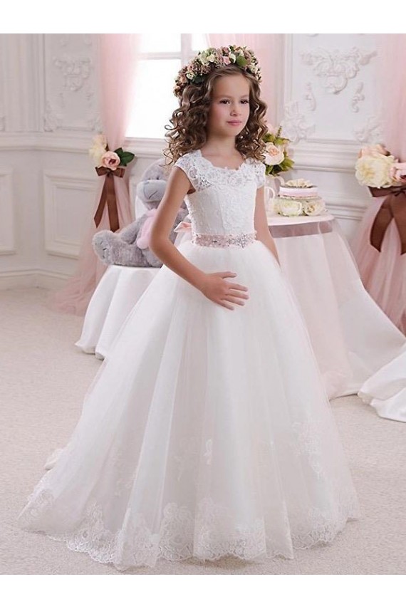 Boutique Ivoire Princesse Col Haut Tulle Dentelle Longue Robes de demoiselle d'honneur - fillette