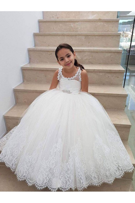 Boutique Ivoire Princesse Col Haut Tulle Dentelle Longue Robes de demoiselle d'honneur - fillette
