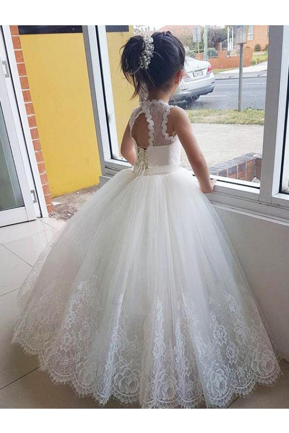 Boutique Ivoire Princesse Col Haut Tulle Dentelle Longue Robes de demoiselle d'honneur - fillette
