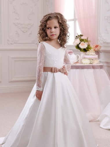 Boutique Ivoire Princesse Col V Satiné Dentelle Longue Robes de demoiselle d'honneur - fillette